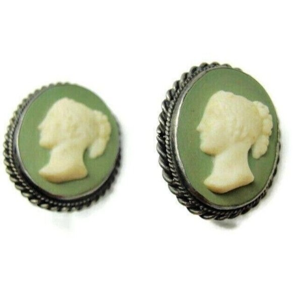 Green & White Cameo Vintage Sterling Silver Screw Back Earrings Patina - Picture 6 of 9